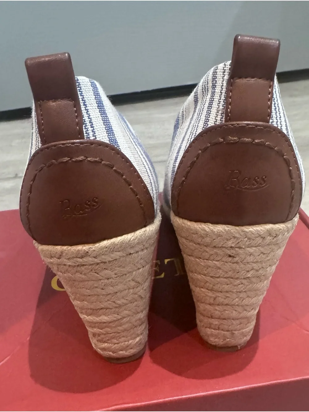 G.H. Bass & Co. Blue and White Striped Espadrille Wedge with Brown Cap Toe